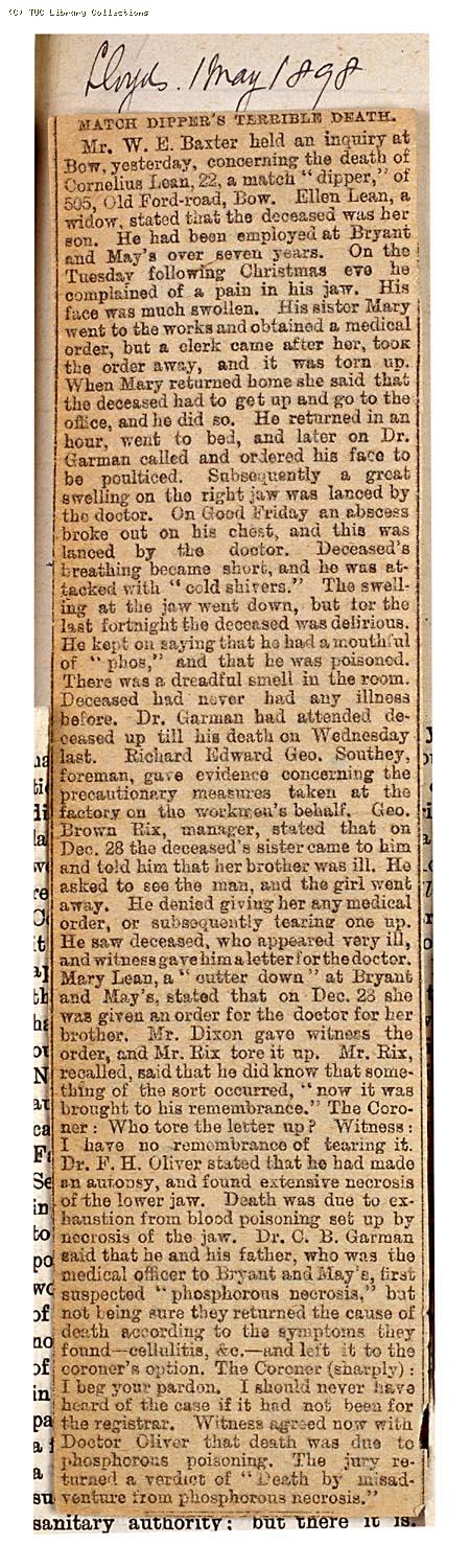 Match dippers terrible death, 'Lloyds' 1 May 1898
