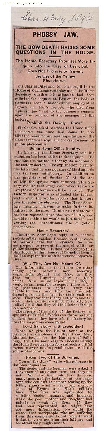 Phossy jaw - the Bow death raises some questions in the House, 'The Star' 4 May 1898