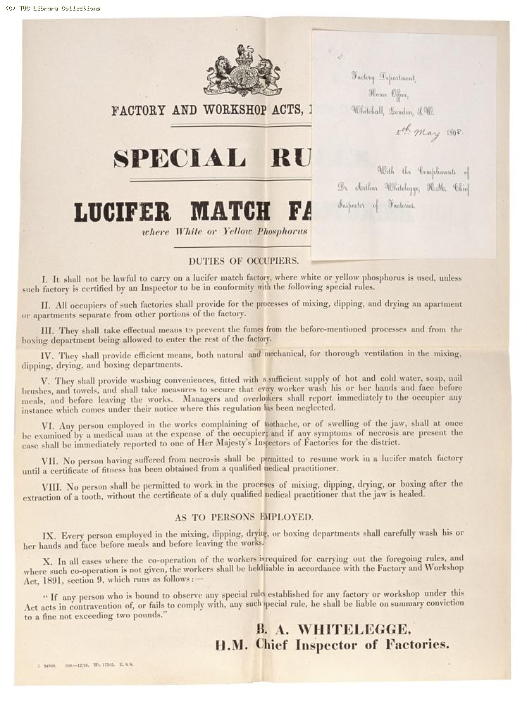 Factory and Workshop Acts notice re: lucifer match factories, 1896