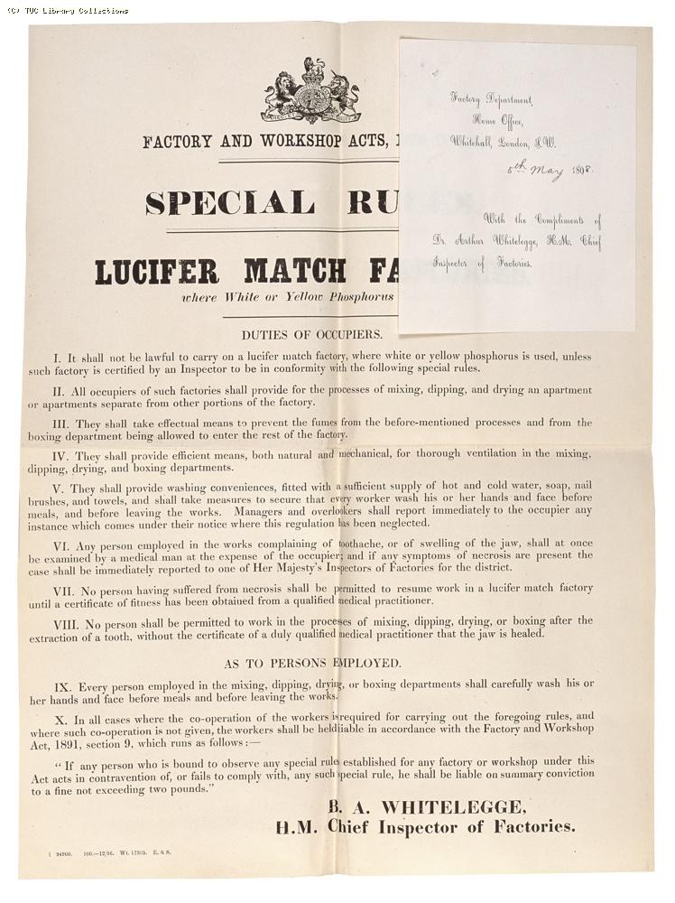 Factory and Workshop Acts notice re: lucifer match factories, 1896