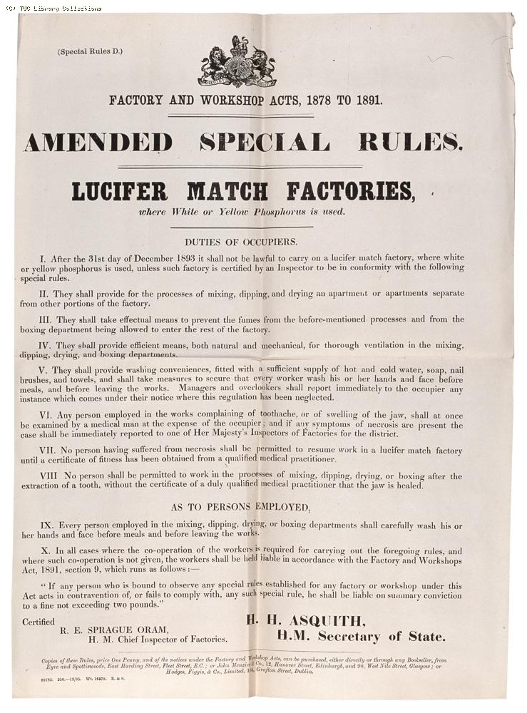 Factory and Workshop Acts notice re: lucifer match factories, 1895