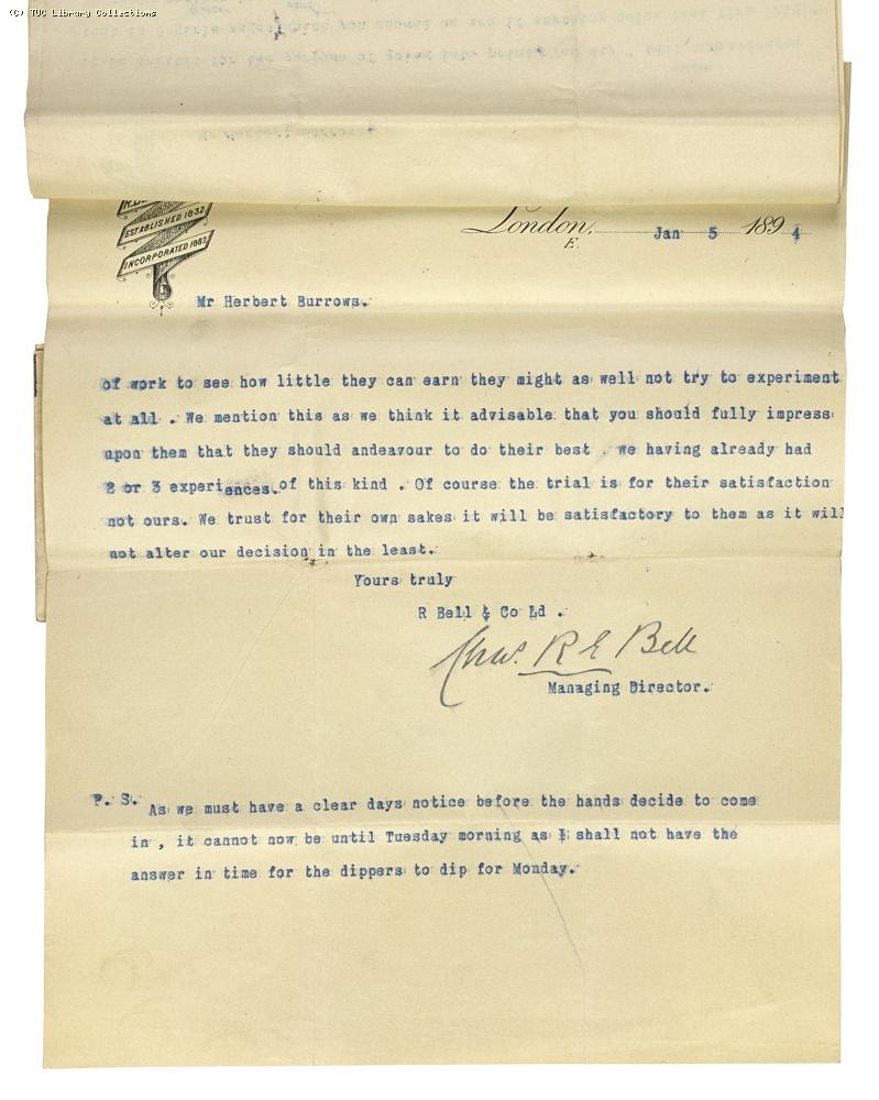 Letter from Charles Bell, Managing Director of Bell's to Herbert Burrows, re. wage rates,  5 January 1894, (page 4)