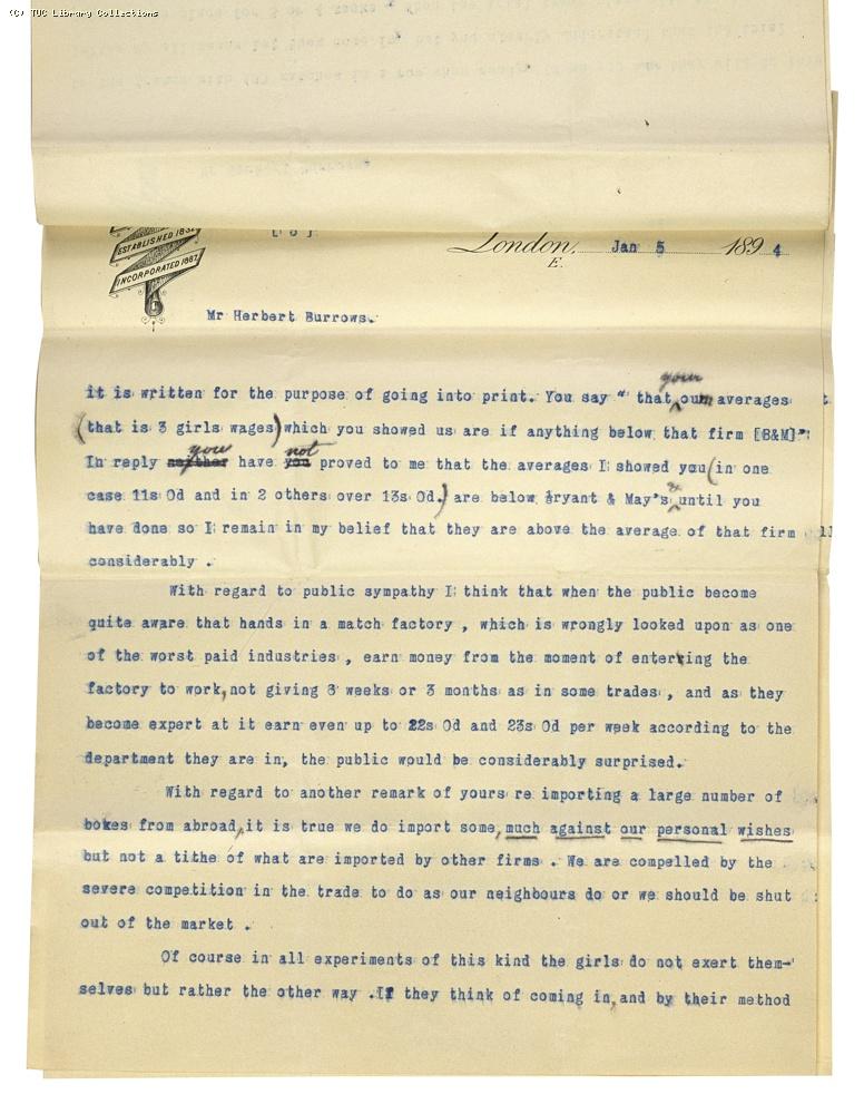 Letter from Charles Bell, Managing Director of Bell's to Herbert Burrows, re: wage rates,  5 January 1894, (page 3)