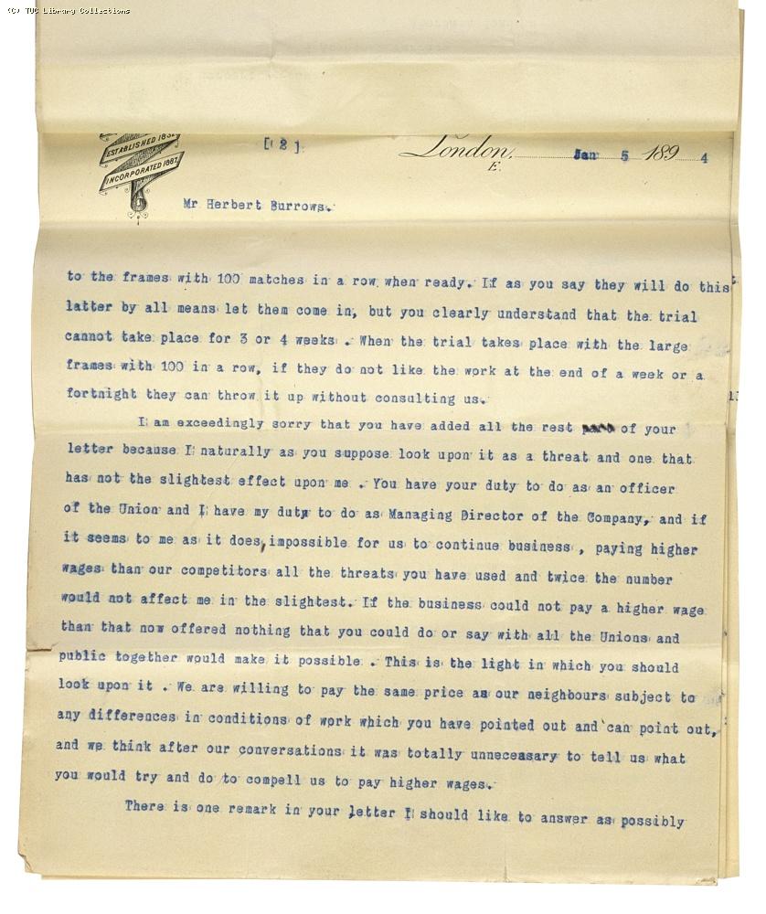 Letter from Charles Bell, Managing Director of Bell's to Herbert Burrows, re: wage rates,  5 January 1894, (page 2)