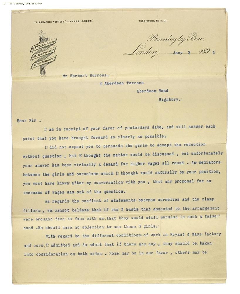 Letter from Charles Bell, Managing Director of Bell's, re: wage rates,  2 January 1894, (page 1)