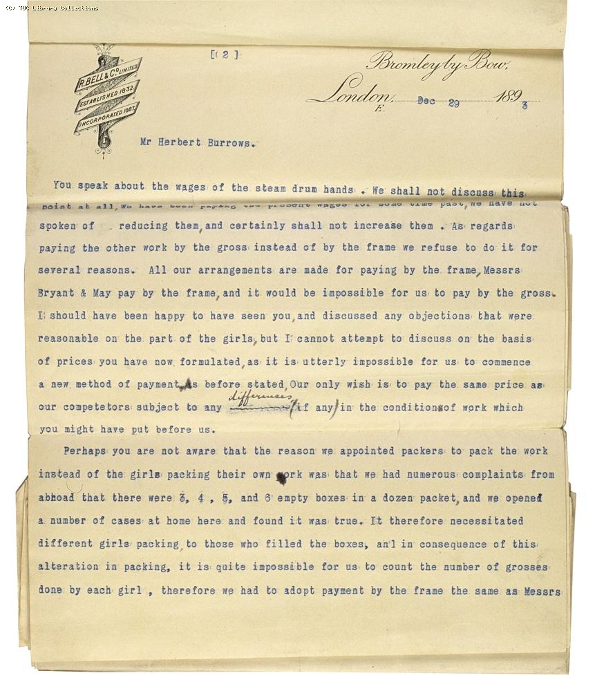 Letter from Charles Bell, Managing Director of Bell's, re: wage rates,  29 December 1893, (page 2)