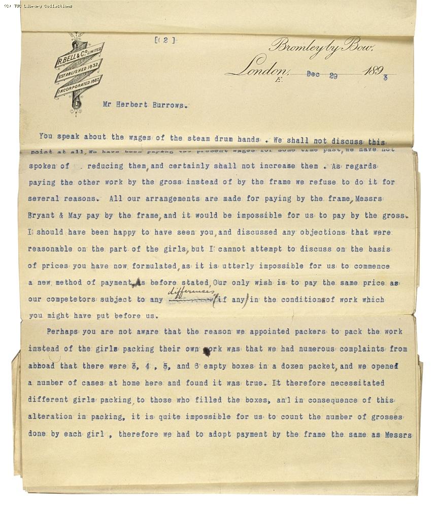 Letter from Charles Bell, Managing Director of Bell's, re: wage rates,  29 December 1893, (page 2)