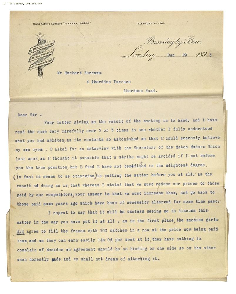 Letter from Charles Bell, Managing Director of Bell's, re: wage rates,  29 December 1893, (page 1)