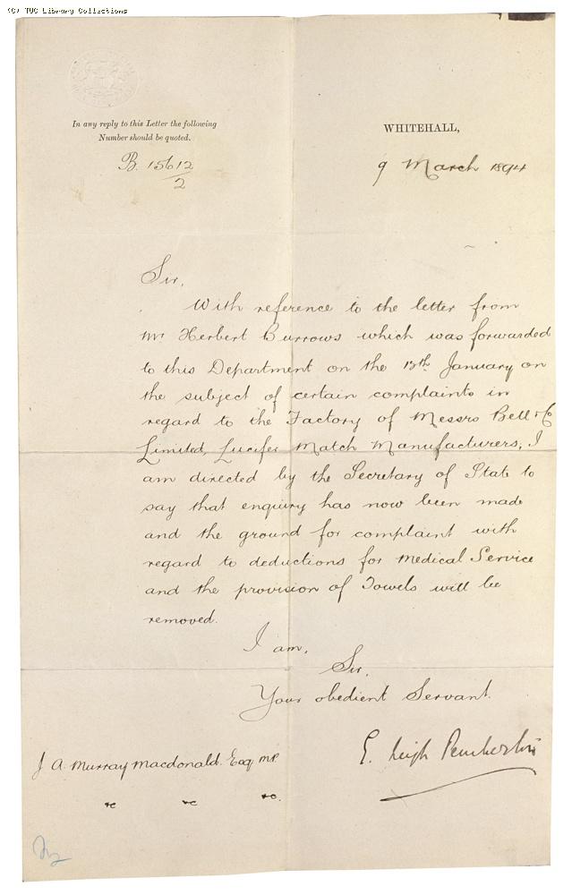Letter from E. Leigh Pemberton, Home Office to J. A. Murray Macdonald MP re: Bell's match factory at Bromley, 9 March 1894