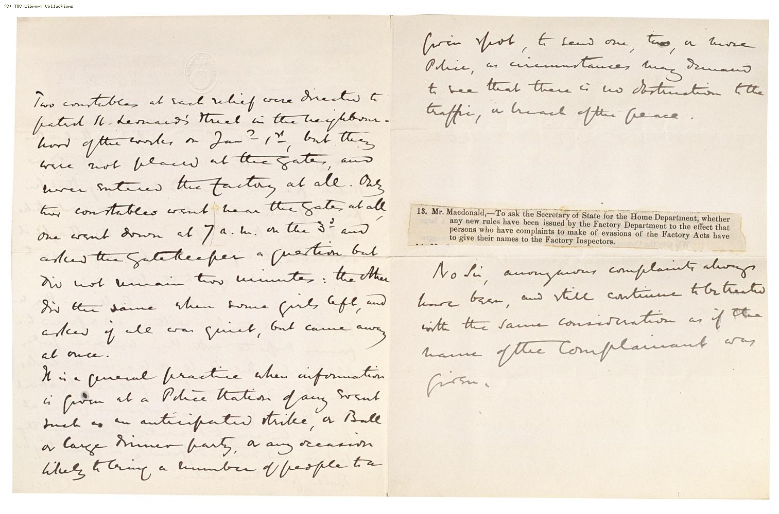 Written reply from the Secretary of State, Home Department to parliamentary question put by J. A. Murray Macdonald MP re: Bell's match factory at Bromley, 1894, page 2