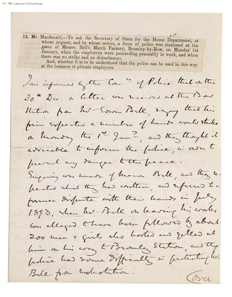 Written reply from the Secretary of State, Home Department to parliamentary question put by J. A. Murray Macdonald MP re: Bell's match factory at Bromley, 1894, page 1