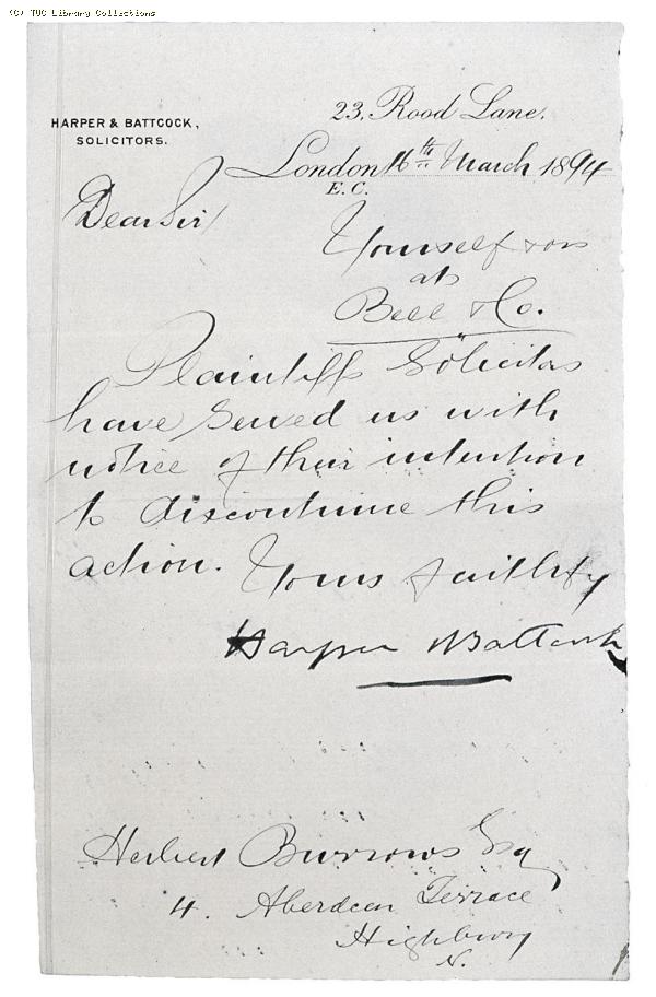Letter from Harper and Battock Solicitors to Herbert Burrows, 16 March 1894