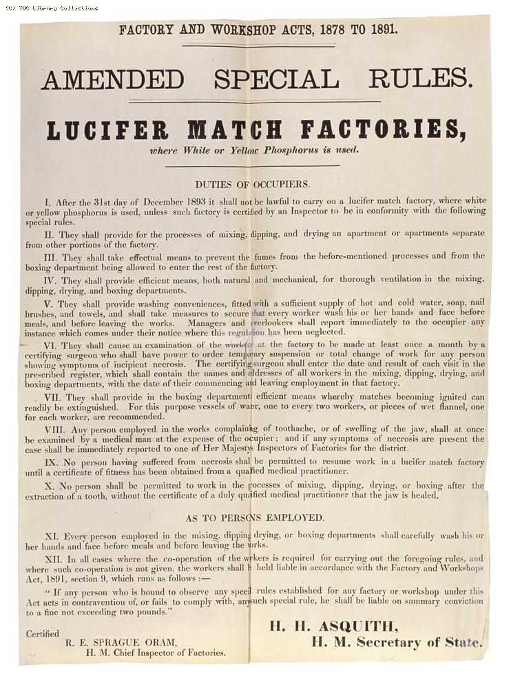 Factory and Workshop Acts 1878 to 1891, lucifer match factories