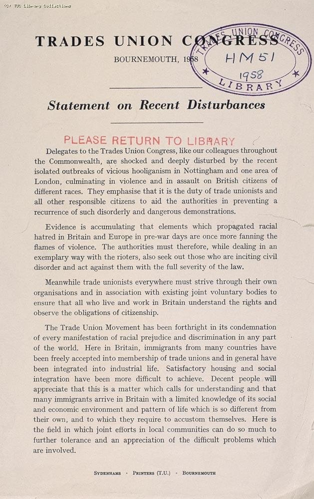 Statement on recent disturbances - TUC, 1958