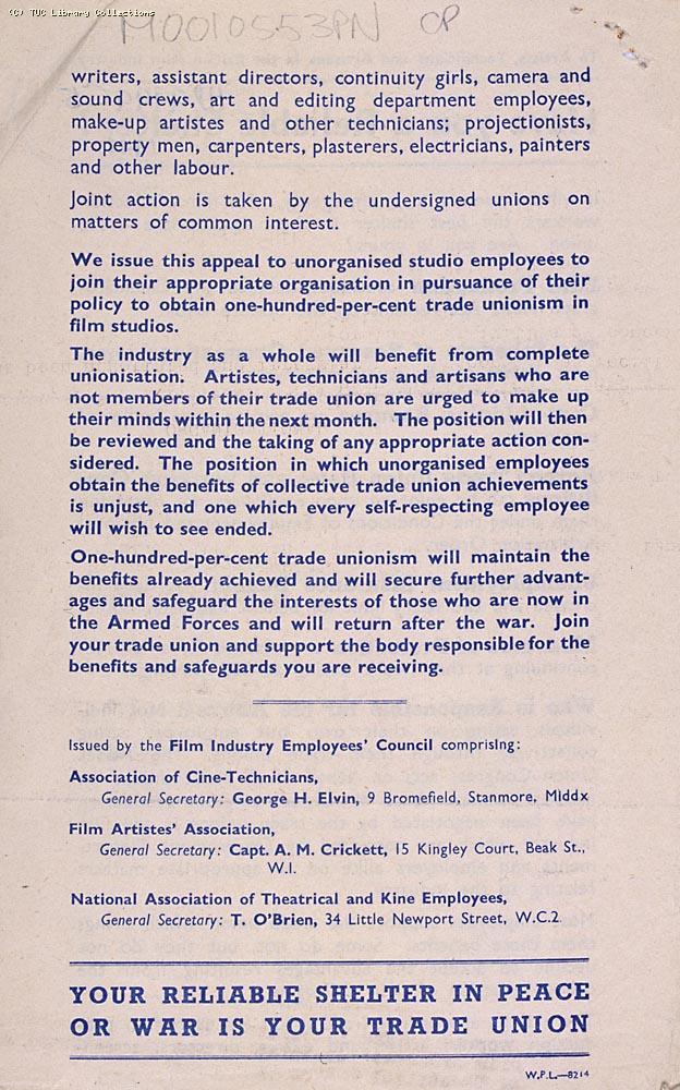 Film Industry Employees' Council - union recruitment leaflet, 1941 (reverse)