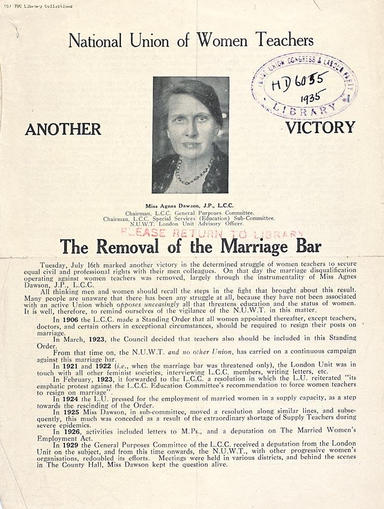 National Union of Women Teachers leaflet against the marriage bar, 1935