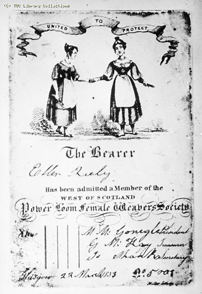 Membership card for the West of Scotland Power Loom Female Weavers Society, 1833