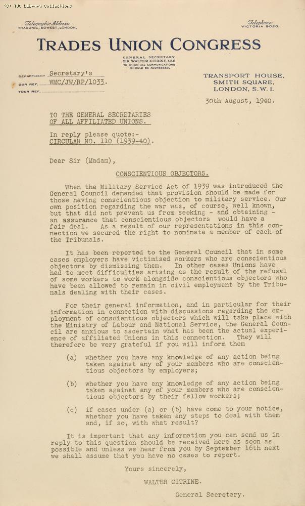 Conscientious objectors, TUC Circular 1940