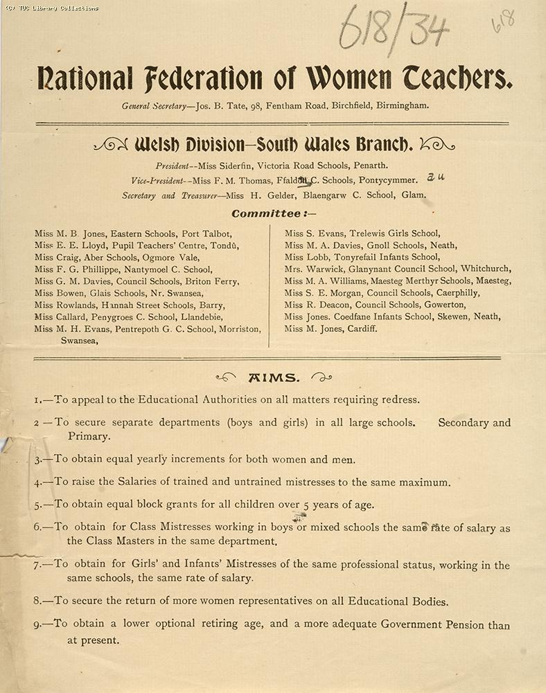 National Federation of Women Teachers, South Wales - leaflet, c 1906