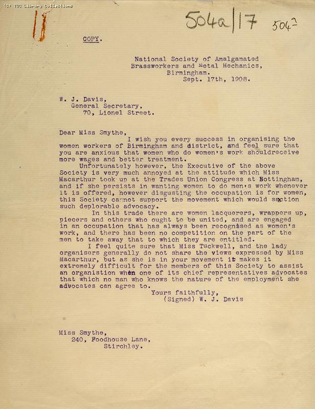 Brassworkers' letter, 1908
