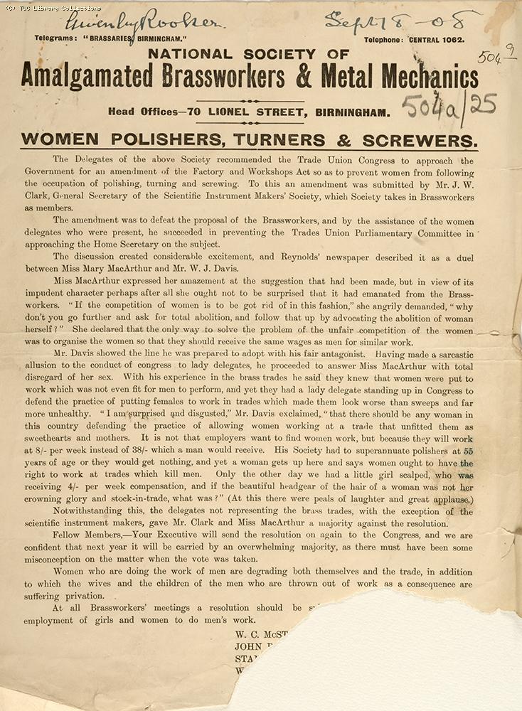 Brassworkers' leaflet, 1908