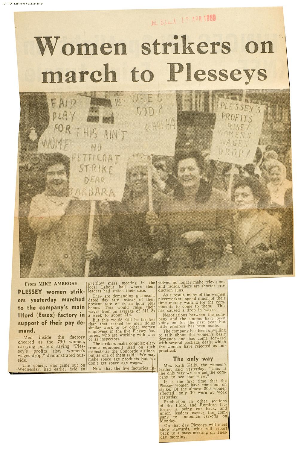 'Women strikers on march to Plesseys', 1969