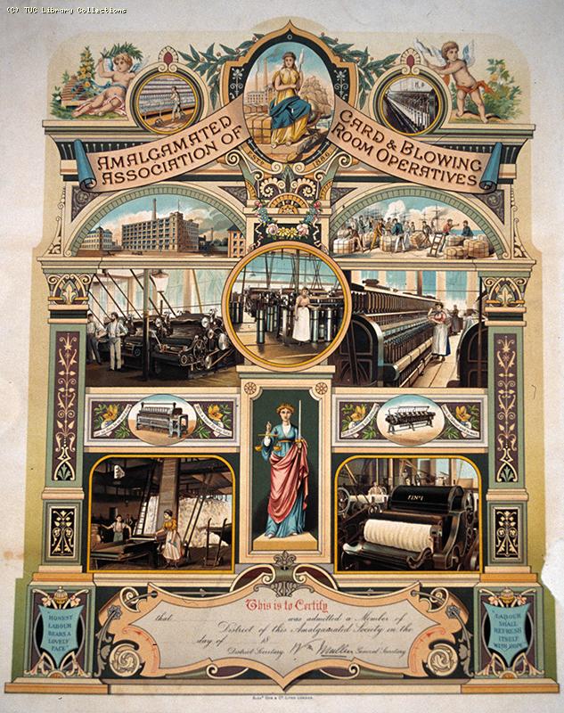 Emblem and membership certificate of the Amalgamated Association of Card and Blowing Room Operatives, 1890