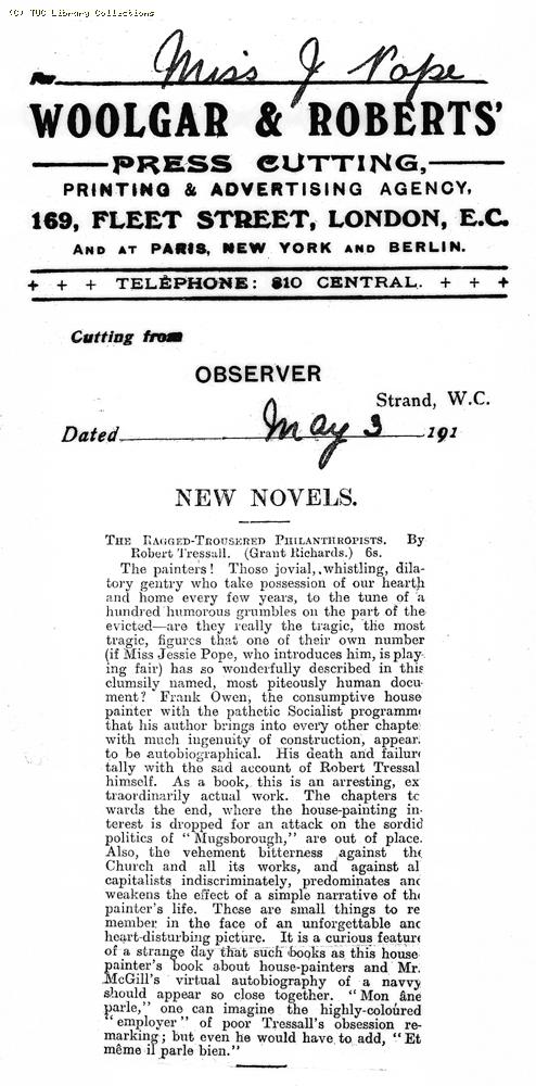 Review - The Ragged Trousered Philanthropists, 'Observer', 3 May 1914