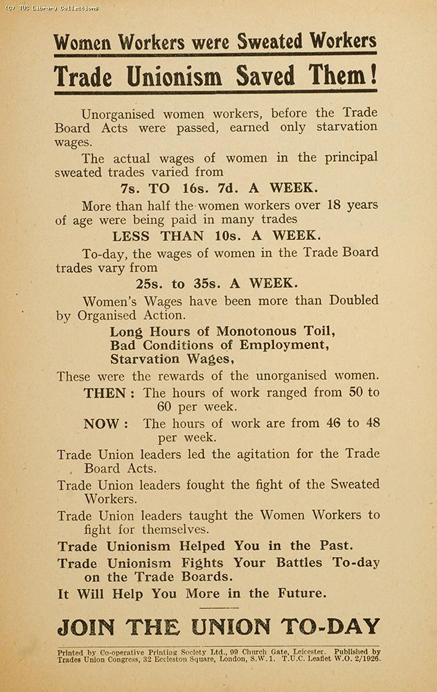 Women workers were sweated workers - TUC leaflet, 1926