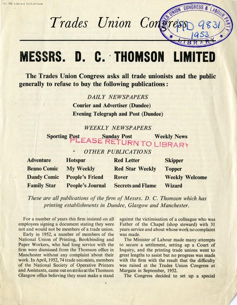 Boycott of D.C. Thomson newspapers, 1953
