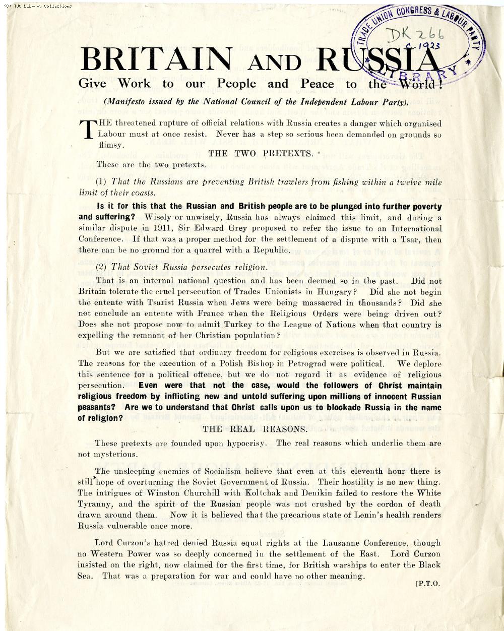 Independent Labour Party leaflet on Russia, 1923