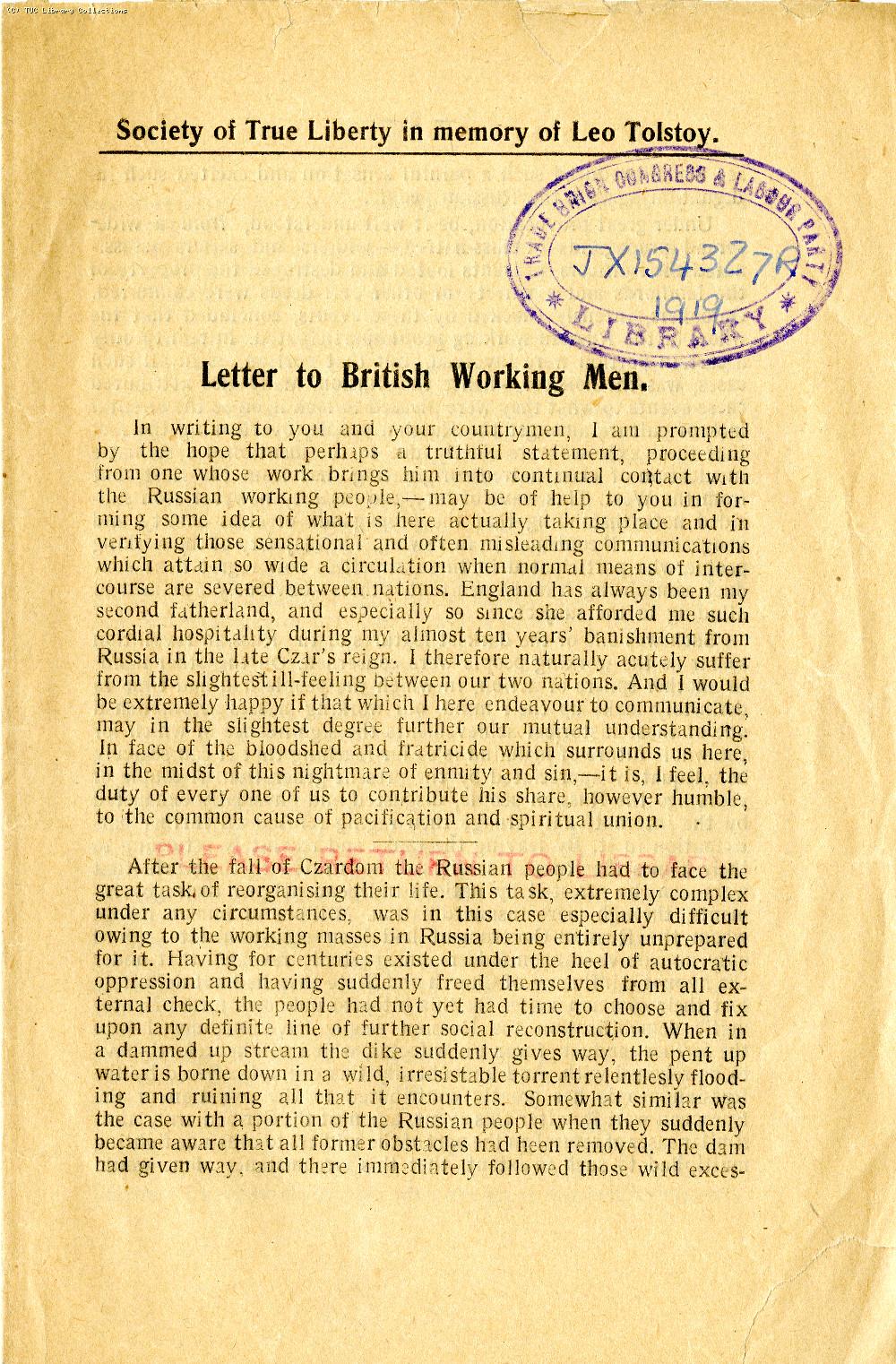 Letter to British working men, 1919