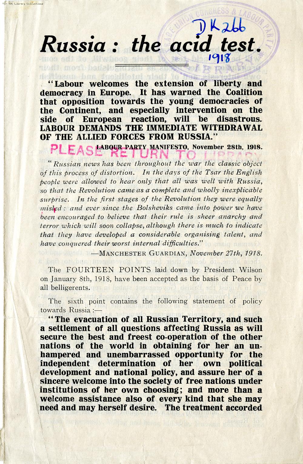 National Peace Council leaflet against intervention in the Russian Polish War, 1918