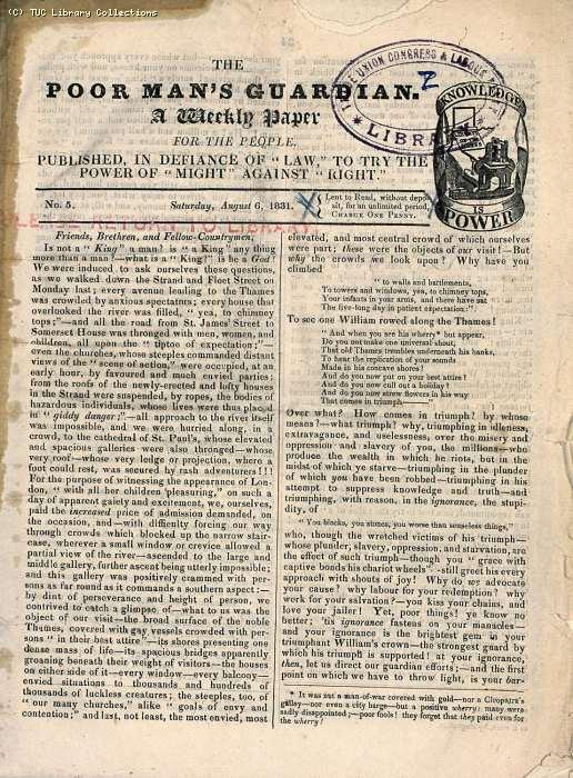 'The Poor Man's Guardian', No. 5, 6 August, 1831