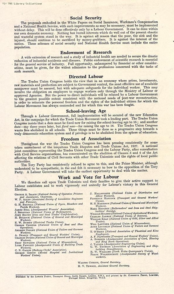 General Election 1945 - 'A call to the workers' (reverse)