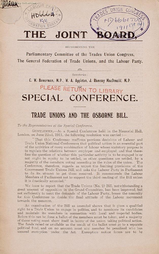 Leaflet - Special Conference, Trade Unions and the Osborne Bill