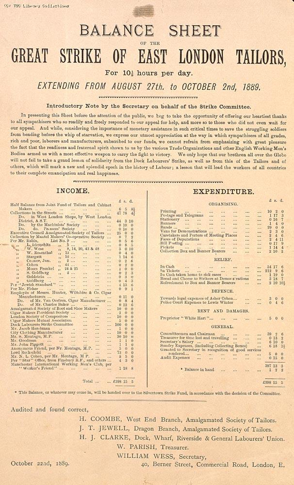 Balance sheet of the great strike of East London tailors, 1889