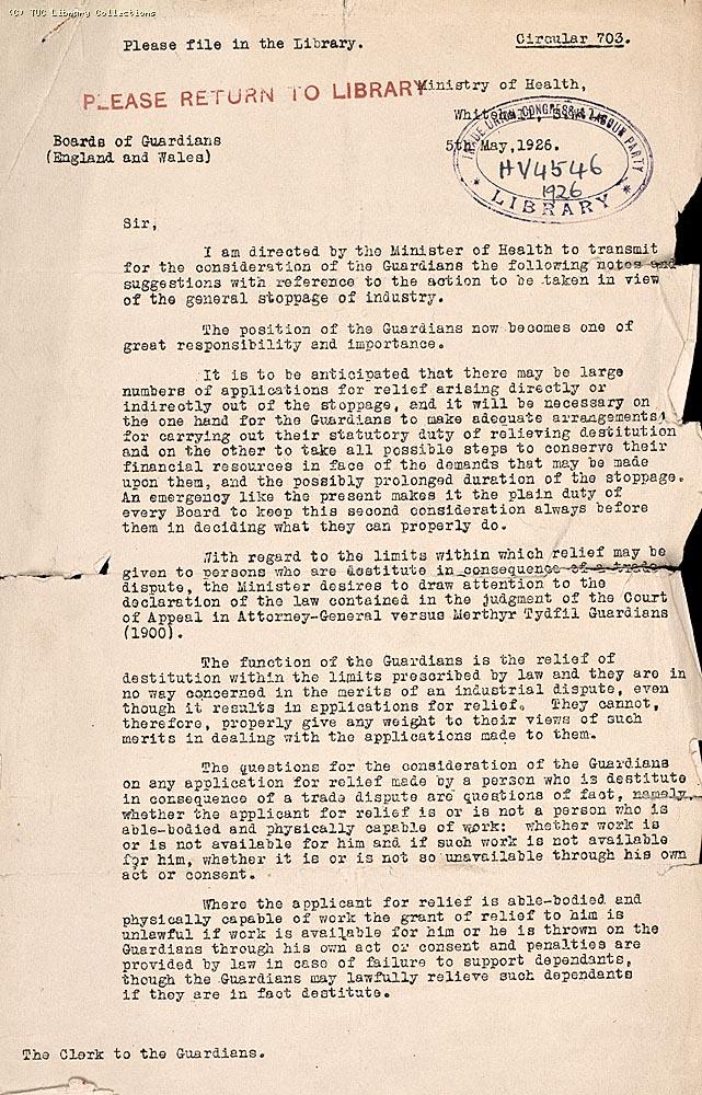 Ministry of Health Circular to Boards of Guardians, General Strike 1926