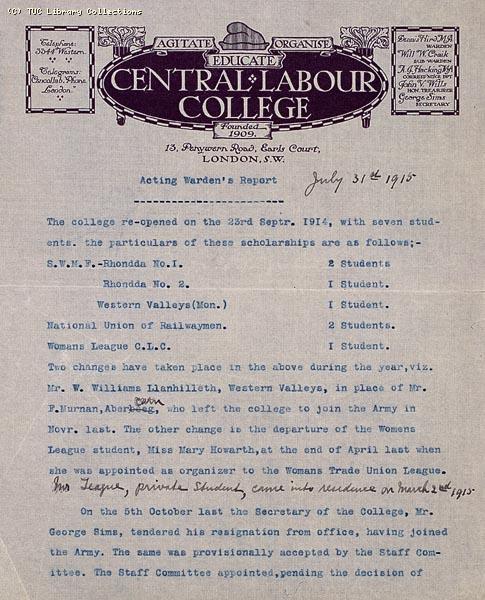 Central Labour College, 1915