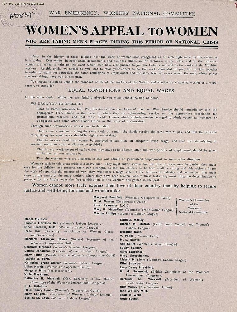 This leaflet was issued by the War Emergency Workers' National Committee in 1915 and signed by representatives of a wide range of women's organisations