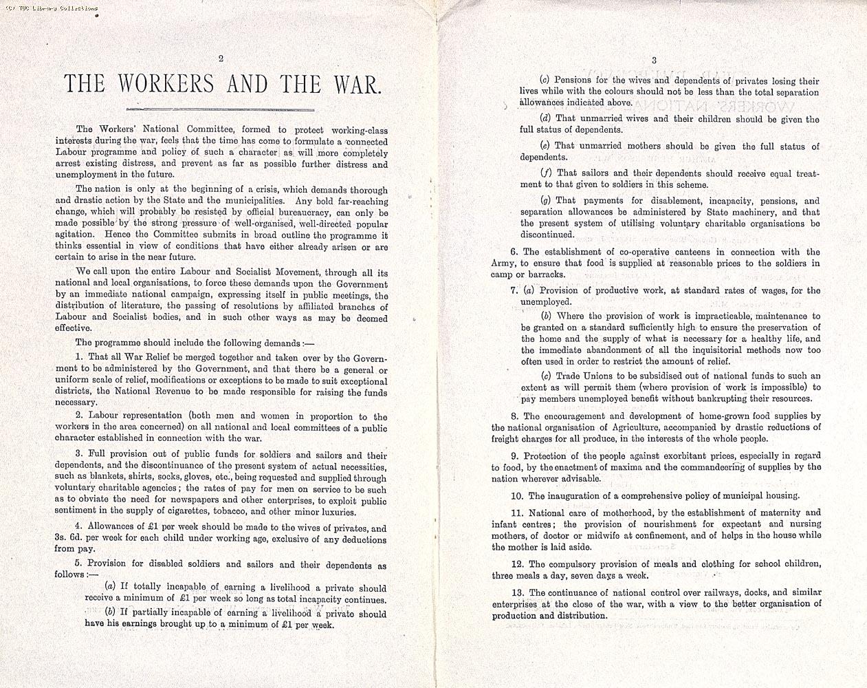 'The Workers and the War: a Programme for Labour' was written by Sidney Webb and distributed by the War Emergency Workers' National Committee (WEWNC) in 1914