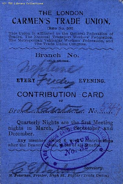 London Carmen's Trade Union contribution card 1911