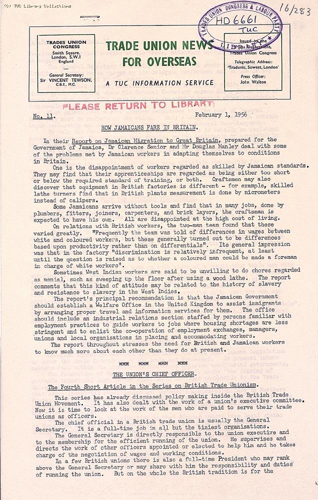 'Trade Union News for Overseas', 1956