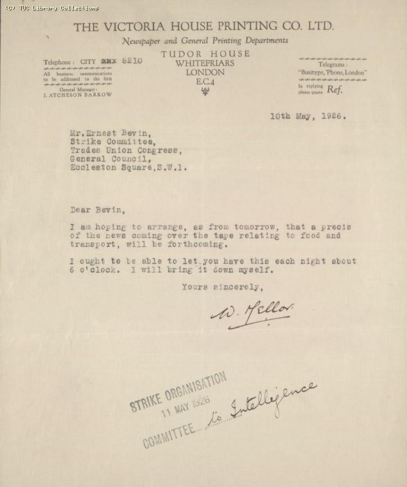 Letter from W. Mellor to Ernest Benin, 10 May 1926, re: news on food and transport