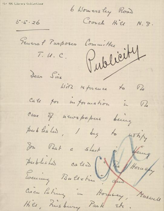 Letter from R.A. Ryan, Crouch End to General Purposes Committee, 5 May 1926, re: reporting the publication of The Hornsey Evening Bulletin