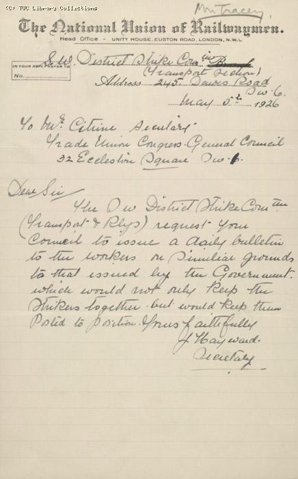 Letter from SW District Strike Committee (NUR)  to General Council, 5th May 1926, Re: Need for strike bulletin