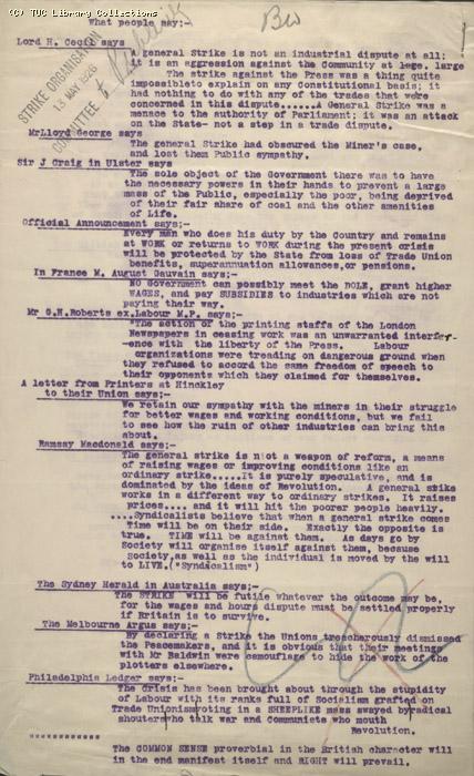Anti-strike quotes from newspapers and politicians, clergymen and aristocracy