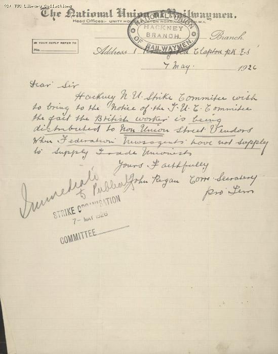 Letter from Hackney Branch of NUR to Publicity Committee, 7 May 1926, re: Distribution of British Worker by non-union street vendors