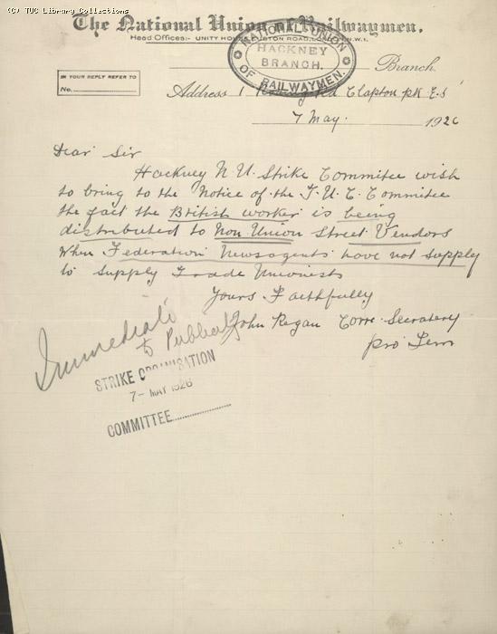 Letter from Hackney Branch of NUR to Publicity Committee, 7 May 1926, re: Distribution of British Worker by non-union street vendors