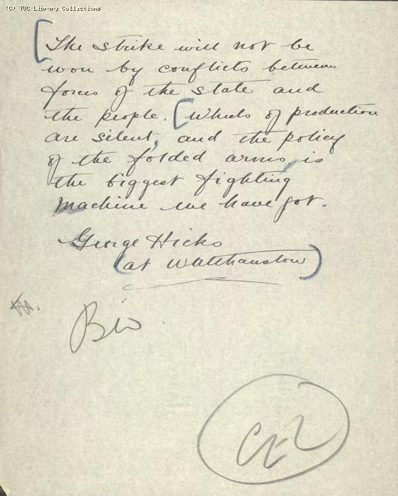 Handwritten note by George Hicks for inclusion in British Worker